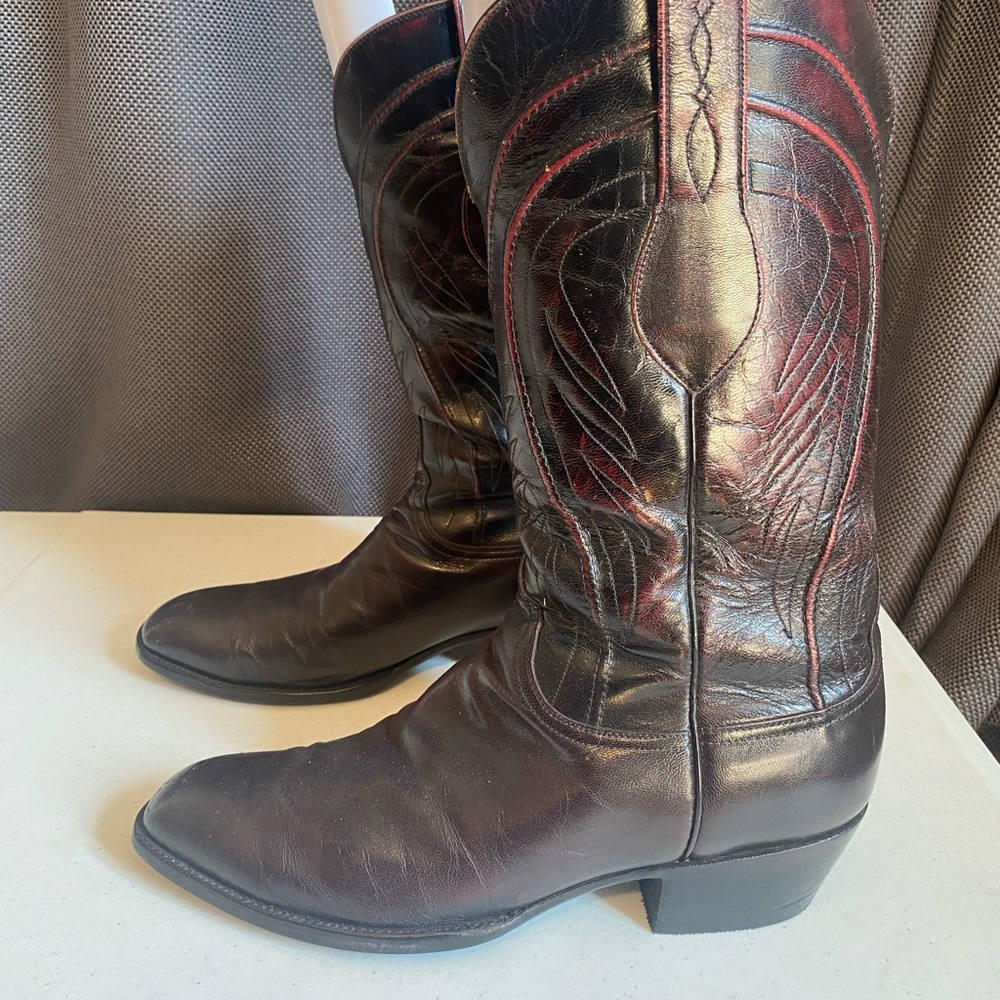 Lucchese Black Cherry Cowboy Western Boots with Intricate Stitching